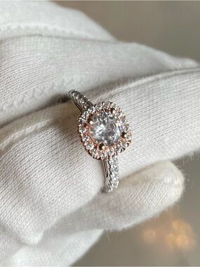 Two-Tone Rose and Silver Halo Engagement Ring - Women's Sparkling Solitaire